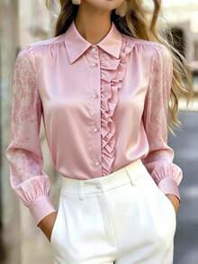 Women's Elegant Pink Satin Blouse, Lace Long Sleeve Ruffle Front Button Up Shirt, Pearl Button Collared Top, Business Casual Office Workwear - Pink - View 5