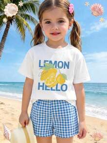 Conjunto de 2 piezas para niñas: Camiseta de manga corta con estampado de lazo de fresa y pantalones anchos de tela a cuadros, verano - Negro - Ver 12
