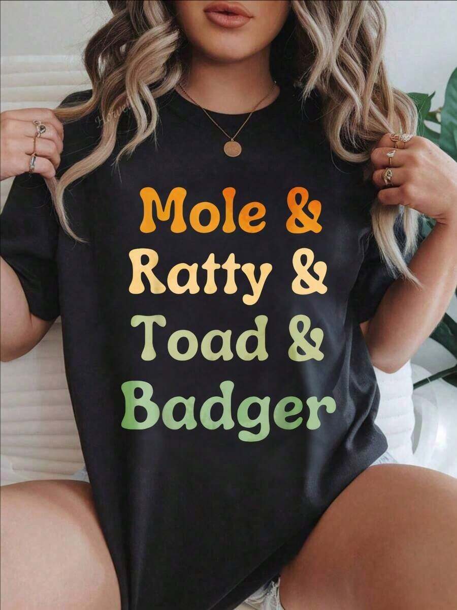 Women's Vintage Casual Short Sleeve T-Shirt - Round Neck With Mole, Ratty, Toad, And Badger Print, Summer Top, Machine Washable, Women's T-Shirts, Casual Outfit, Modern Style, Comfortable Fit
-WhiteFashion - 黑色 - 查看 1