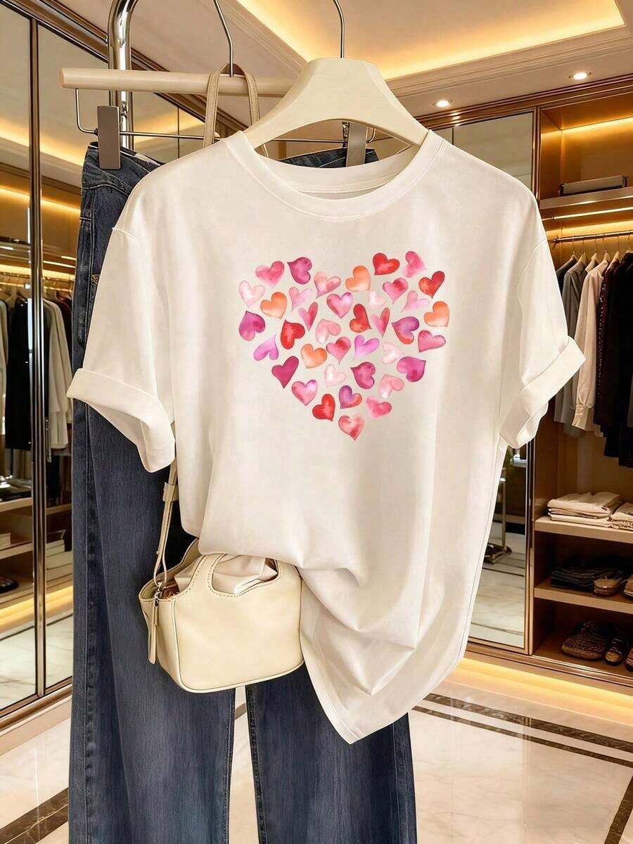 Plus Size Women's Short Sleeve T-Shirts For Summer, Everyday Basic Tops, New Short Sleeve T-Shirt 2026, Beautiful Women's Artistic Style T-Shirt With Colorful Heart For Valentine's Day 2026, Versatile Top + Machine Washable, Gift Idea, Breathable And Comfortable. - 白色 - 查看 1