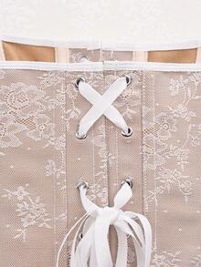 Yuwenier Y2K Asymmetric Structure Bustier Floral Embroidery Metal Eyelet Lace-Up Front Open Back Corset Crop Top, Romantic Outfit For Valentine's Day, Wedding, Music Festival, Party Summer - 杏色 - 查看 10