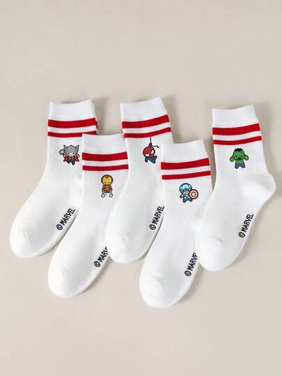  1/5 Pairs Marvel Kids Socks, Featuring Spider-Man, And Thor Designs, Ruffle Socks, Red Striped White Crew Socks, Girls' & Boys' Ankle Socks, Soft Breathable Low-Cut Socks, Non-Slip Loafer Socks, Cartoon Pattern Ankle Socks, Cute Casual Style, Suitable For Daily Wear