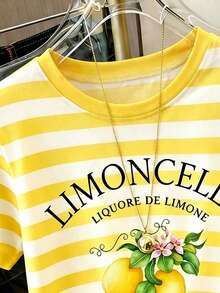 Áo thun nữ tay ngắn cổ tròn in họa tiết sọc vàng chanh LIMONCELLO, trang phục mùa hè cho nữ, phù hợp đi nghỉ mát, đi biển. - trắng - Xem 3