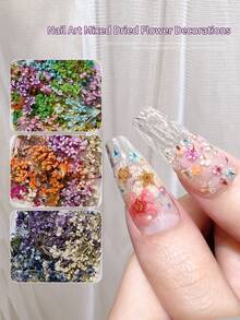 Decorações de Unhas com Flores Secas de Cores Mistas, Decoração de Arte de Unhas com Flores Pequenas Românticas Primavera/Verão 2026, Acessórios de Decoração DIY de Manicure com Flores Secas Reais, Encantos de Unhas - Multicolorido - Visão 2