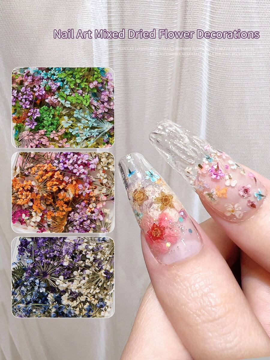 Decorações de Unhas com Flores Secas de Cores Mistas, Decoração de Arte de Unhas com Flores Pequenas Românticas Primavera/Verão 2026, Acessórios de Decoração DIY de Manicure com Flores Secas Reais, Encantos de Unhas