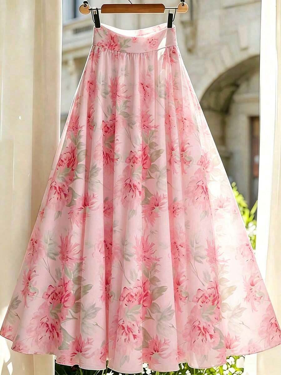 Falda de línea A floral elegante para mujer, de verano - Rosa Pálido - Ver 1