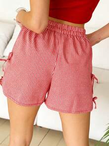 Y2K Red Plaid Bow Casual Summer Beach Vacation Going Out Cute Sweet Shorts,4th Of July Outfit Women - Multicolor - View 4