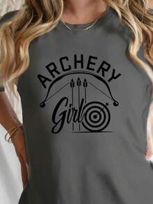 Women's Casual Archery Print T-Shirt - Short Sleeve Crew Neck T-Shirt With "ARCHERY" And Bow Print, Medium Stretch Fabric, Machine Washable, Comfortable Fit For All Seasons, Leisurewear, Adventurous Style, Non-See-Through Material, 100% Cotton, Durable - 深灰色 - 查看 7