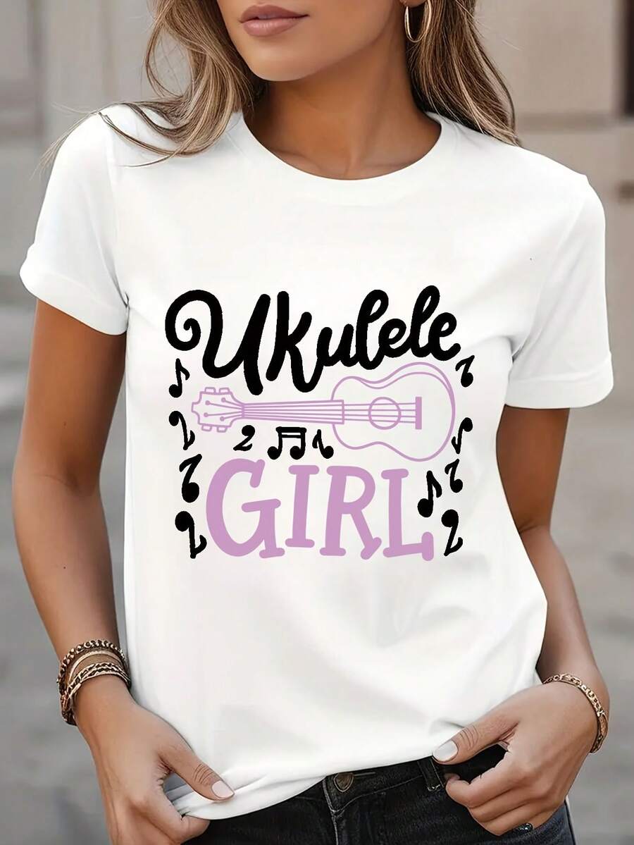 Women's Ukulele Graphic T-Shirt - Casual Short Sleeve Crew Neck, Breathable Blend, Machine Washable, Ideal For Spring And Summer Outfits, Music Theme Clothing | Playful Design | Breathable Fabric - 白色 - 查看 1