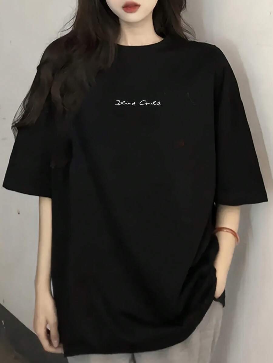 Women's Short Sleeve Summer T-Shirt, Stylish Slim Fit Cartoon Print T-Shirt, Pure Cotton Short Sleeve Basic T-Shirt. #3333 Women's Going Out Blouses - 黑色 - 查看 1
