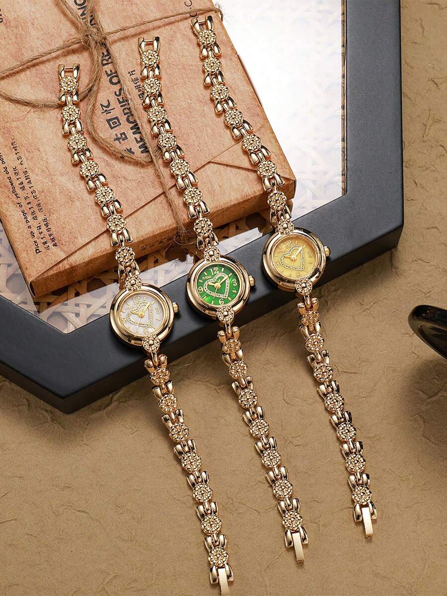 1pc/Set Heart Dial Gold Bracelet Watch, Women's Rhinestone Quartz Wristwatch - Gold - View 1