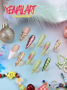 10pcs Y2K Rhinestone Press On Nails, Nude Pink Base With Silver Metal Frame & Colorful Gem Accents, Long Stiletto Full Cover Acrylic Fake Nails, Reusable False Nail Kit For Women, Perfect For Party, Rave, Daily & Kawaii Events, Nail Supplies - Mint Green - View 2