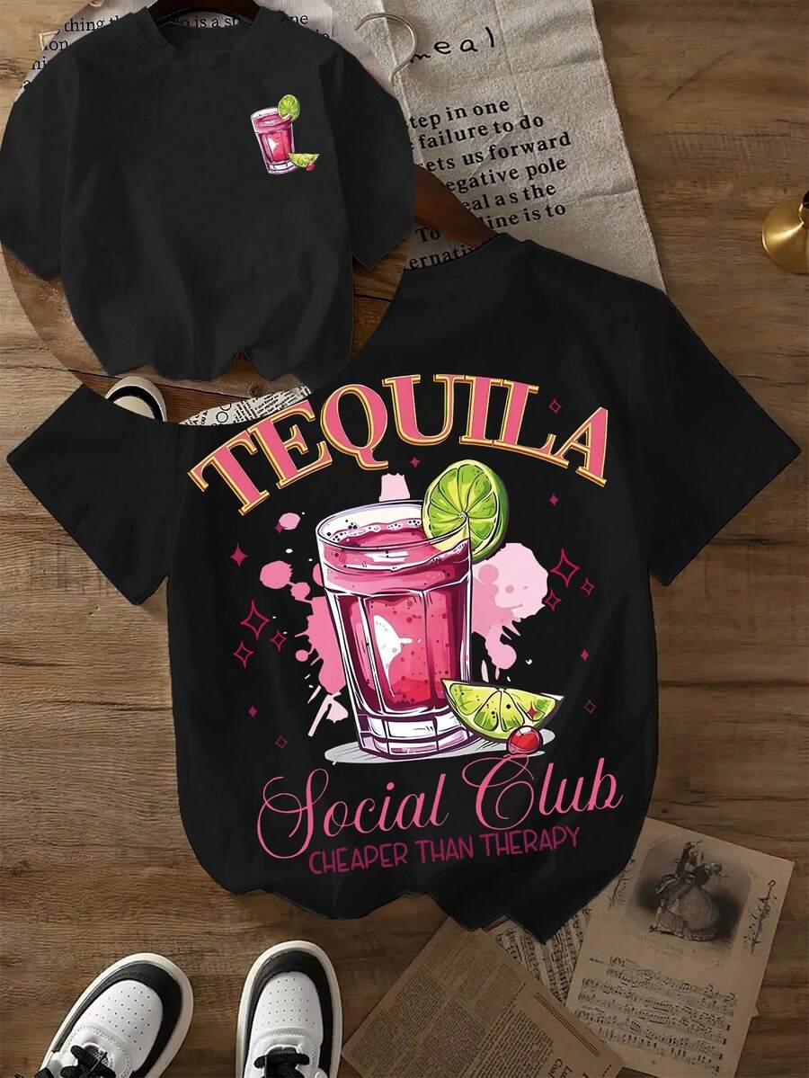 Camiseta casual mujer estampado tequila doble cara cómoda transpirable corte ajustado estilo urbano diseño tequila rosa ideal primavera verano estampados divertidos tela transpirable nacional envio - Negro - Ver 1