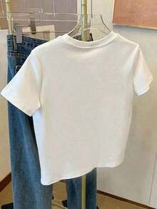 Camiseta de manga corta con cuello redondo y estampado para mujer, 180g, transpirable, 100% algodón, top casual cómodo para mujer, para actividades al aire libre, deportes diarios, ropa fresca de verano. - Blanco - Ver 2