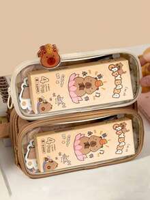 1pc Upgraded Large Capacity Portable Flip-Top Detachable Transparent Hamster Stationery Pen Bag, Suitable For Storing A Series Of Desktop Student Stationery Such As Rulers, Pens, Erasers, Multi-Functional Dormitory Cosmetic Storage Bag, Campus Series Classroom Student Office Supplies Pencil Case (Includes 1 Notebook, 15 Stickers, 1 Pendant And 2 Double-Sided Clips) - Sets - View 6