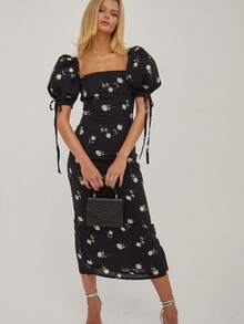 Vestido vacacional floral 2026, cuello barco, manga pompom, corte ajustado largo estilo francés - Negro - Ver 5