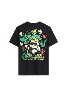 Camiseta de mujer "Zero Heroes" con estampado gráfico de panda y dragón, estilo casual, vintage, de manga corta, cuello redondo, estilo Y2K, ropa de calle estética, ligera, transpirable y cómoda para uso diario, ideal para estilo urbano, skate park, festivales de música, salidas informales, regalo para entusiastas de los dibujos animados y la cultura urbana. Cómoda y ligera. - Negro - Ver 3