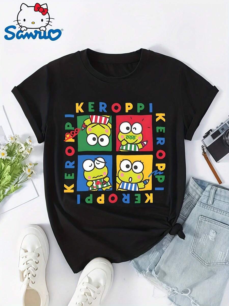 Women's Black T-Shirt - Cute Design Featuring Food Characters Like Miso, Sushi, And Matcha. Loose And Comfortable Fit, Cute Style, Short-Sleeved Crew Neck T-Shirt For Summer, Suitable For Anime And Casual Wear. A Very Distinctive Printed T-Shirt / Unisex Style / Suitable For Both Men And Women / Wrinkle-Resistant / Breathable. - 黑色 - 查看 1