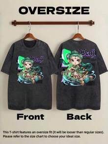 Unisex Retro Washed Loose-Fit T-Shirt In Black, Featuring A Wenji Character In Q Version From The Game "Honor Of Kings" And The Slogan "Healing Melody", Combining Elements Of Traditional Green Gamer Clothing, The Musical Instrument Guqin, Musical Themes And Anime Street Aesthetic. - 黑色 - 查看 5