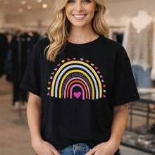 Camiseta de Algodón con Estampado de Corazón Arcoíris para Mujer, Camiseta Casual de Manga Corta, Corte Holgado, Tela Suave y Cómoda, Tallas M-5XL, Camiseta con Diseño Gráfico para Uso Diario, Negra - Negro - Ver 7
