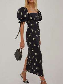 Vestido vacacional floral 2026, cuello barco, manga pompom, corte ajustado largo estilo francés - Negro - Ver 3
