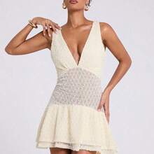 Women's Spring Summer Apricot Elegant Beach Vacation Travel Daily Party V Neck Sleeveless Ruffle Layered Asymmetric Hem Crochet Mini Dress,Concert Outfit Women,Spring Break Dresses,Sun Dress,White Graduation Dress,Business Casual Woman - Blanco - Ver 8