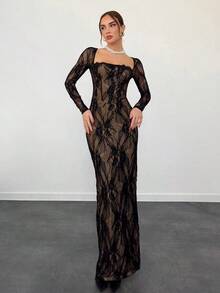 Vestido negro ajustado hasta el suelo con cuello corsé ahuecado y mangas largas con encaje en forma de S sexy para mujer para fiestas, citas y banquetes de otoño/invierno nuevo - Negro 3 - Ver 3