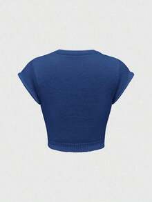 Chaleco de punto para mujer, estilo universitario, lindo e inocente, con bordado de cerezas, cuello redondo y mangas de murciélago. - Azul - Ver 2