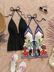 2 piezas Camiseta sin espalda con escote en V y tirantes con estampado de leopardo sexy, adecuada para vacaciones, citas, té de la tarde, vacaciones, festivales de música, estilo bohemio - Multicolor 6 - Ver 1