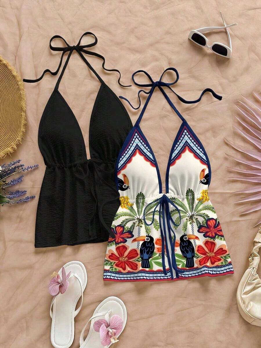 2 piezas Camiseta sin espalda con escote en V y tirantes con estampado de leopardo sexy, adecuada para vacaciones, citas, té de la tarde, vacaciones, festivales de música, estilo bohemio - Multicolor 6 - Ver 1