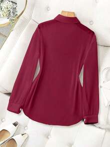 Blusa minimalista de unicolor transparente con cuello vuelto, blusas de manga larga - Burdeos - Ver 2