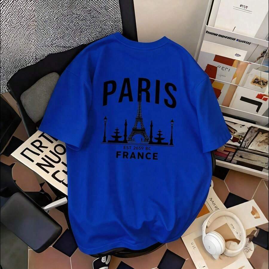 Women's Oversized T-Shirt With Retro Graphic Print Of The Eiffel Tower Of Paris, French Cityscape Design, Casual Daily Wear, Loose Fit, Machine Washable, Stylish Women's Top | Casual Everyday Top - 藍色 - 查看 1