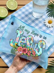 Bolsa de playa de malla de colores a prueba de agua, bolsa de maquillaje con estampado de letras florales "Jesús", bolsa de maquillaje transparente de gran capacidad - Multicolor - Ver 7