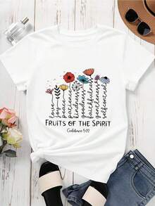 Camia Casual para Mujer Blanca de Manga Corta con Diseño Floral "Frutos del Espíritu" y Texto "Amor, Alegría, Paz, Paciencia, Bondad, Fidelidad, Gentileza, Autocontrol" Galates 522, Transpirable y Cómoda - Blanco - Ver 2