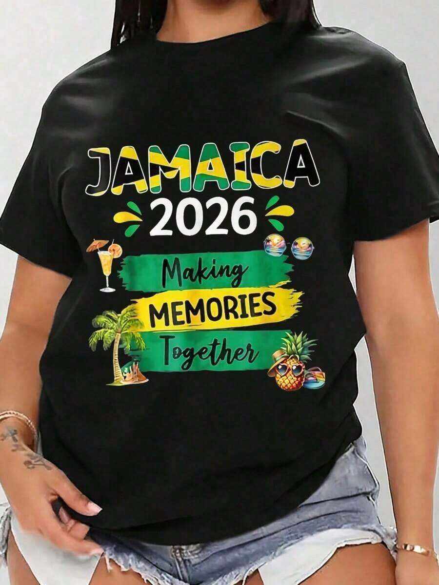 Jamaica 2026 Creando Recuerdos Juntos Camia de Viaje y Vacaciones, Cómoda, de Cuello Redondo, Casual, de Algodón Puro, con Estampado de Letras Deportivas a la Moda, Diseño Unisex para Parejas, Adecuada para Celebraciones Festivas, Día de la Madre, Día del Padre, Día de la Independencia, Manga Corta para Mujer, Transpirable y Cómoda. - Negro - Ver 1