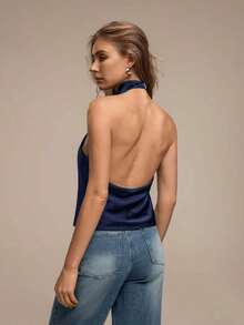 Blusa de mujer de unicolor y sexy con escote halter y espalda descubierta, adecuada para citas y fiestas en verano, color negro - Azul marino - Ver 2