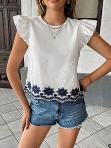 Blusa de verano casual de vacaciones con bordado floral y volantes en las mangas - Multicolor - Ver 8