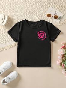1 Piece Girls' Summer Short Sleeve T-Shirt "DADDY'S EXPENSIVE LITTLE BESTIE" With Heart And Candy Elements, Double-Sided Print, Versatile Casual Top NY-DX9014180g 100% Cotton - 黑色 - 查看 3