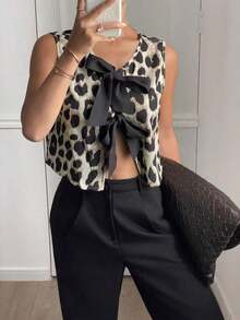 Camisa casual sin mangas con nudo delantero y estampado de leopardo para mujer - Albaricoque - Ver 3