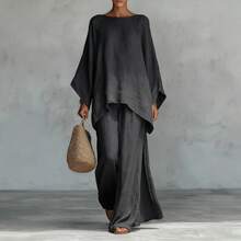 Nuevo 2026 Conjunto Camisa Holgada y Pantalón Pierna Ancha Mezcla de Lino Estilo Sencillo  Europea y Americana - Gris Oscuro - Ver 3