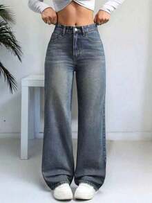 Jeans rectos con bolsillo y botones al frente, para uso diario de niñas adolescentes - Azul lavado medio 3 - Ver 6