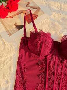 1 pieza Parte superior corta ajustada con adorno de encaje de moda para mujer, top corset de Body ceñido sexy, adecuado para fiesta, viaje, reunión, Navidad, San Valentín, Halloween, verano casual - Burdeos - Ver 9