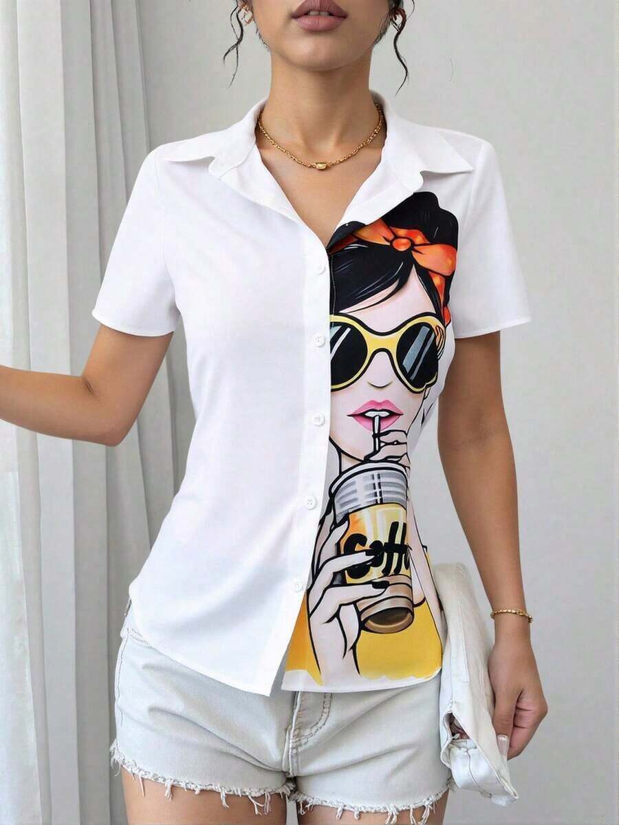 Blusa de mujer con estampado de chica de moda, manga corta y abotonadura, top de manga corta - Blanco - Ver 1
