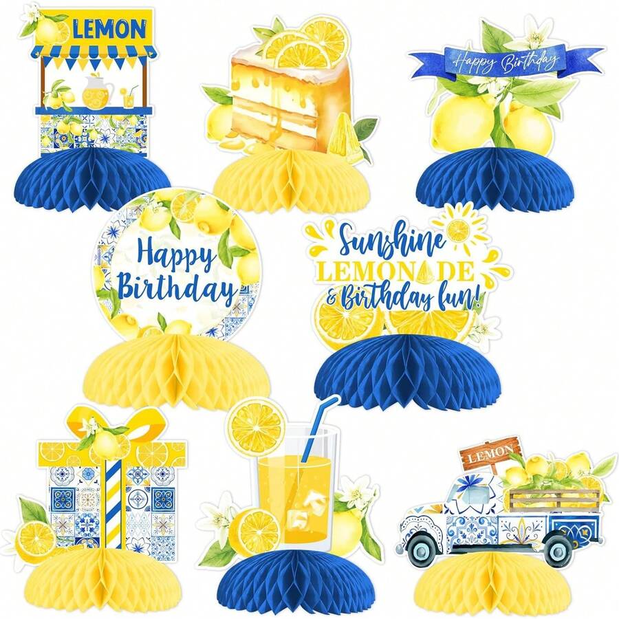 8pcs Lemon Blue Tile Birthday Party Decorations, Honeycomb Table Centerpieces Suitable For Sunny Lemon Theme Party, Amalfi Coast Style Summer Birthday Supplies - V14 - View 1