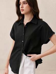 Nueva llegada Camisa casual de manga corta con botones delanteros de unicolor, adecuada para uso diario, primavera/verano - Negro - Ver 5