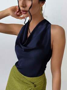 Blusa de mujer simple y elegante en tono albaricoque con cuello en V y corbata en la cintura. - Azul marino - Ver 3