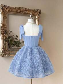Elegante, romántico y de moda vestido de satén color café con hombros descubiertos y cola de sirena, con decoración floral 3D y volantes en el bajo, adecuado para fiestas de solteros, bodas, graduaciones, vacaciones, tardes de té y ocasiones formales - Celeste - Ver 2