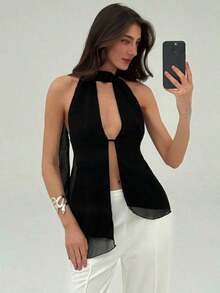 Top con cuello halter y espalda descubierta, asimétrico y sexy para mujer - Negro - Ver 7