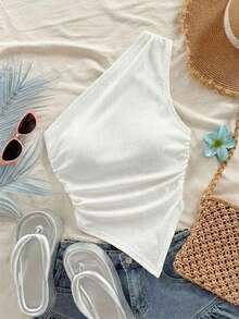 Blusa casual de unicolor con hombros oblicuos y ajustada, apropiada para el verano - Blanco - Ver 5