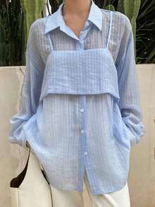 Camisa holgada casual a rayas para mujer, nueva llegada para el otoño - Azul - Ver 4